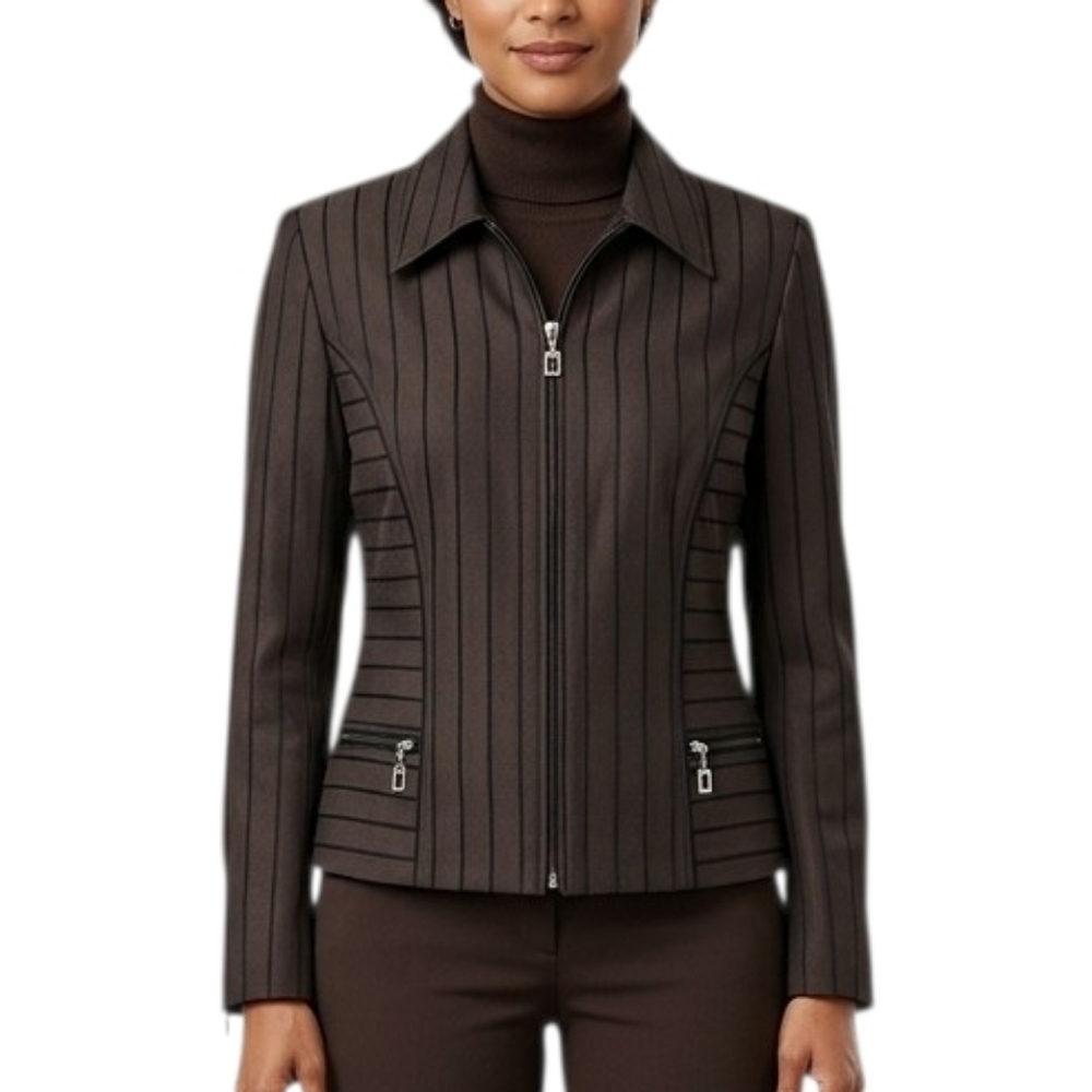 SZ14 Joseph Ribkoff Dark Brown Black Stripe Cotton Blend Zippered Blazer Jacket